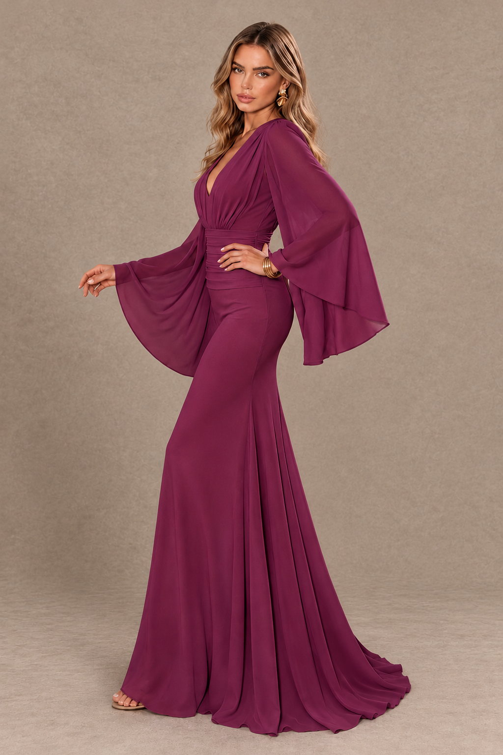BOLODOO Desert Rose Cape Sleeve V-Neck Ruched Chiffon Evening Dress - Desert Rose - Desert_Rose_4