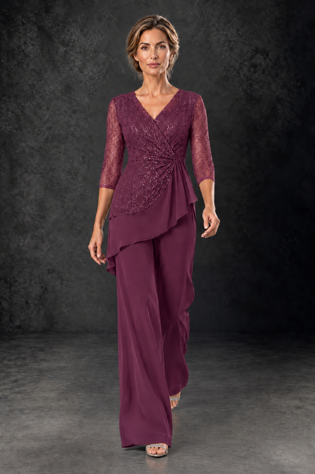 BOLODOO Desert Rose Sequin Lace 3/4 Sleeve Chiffon Mother of the Bride Pant Suit - Desert Rose - Desert_Rose_4