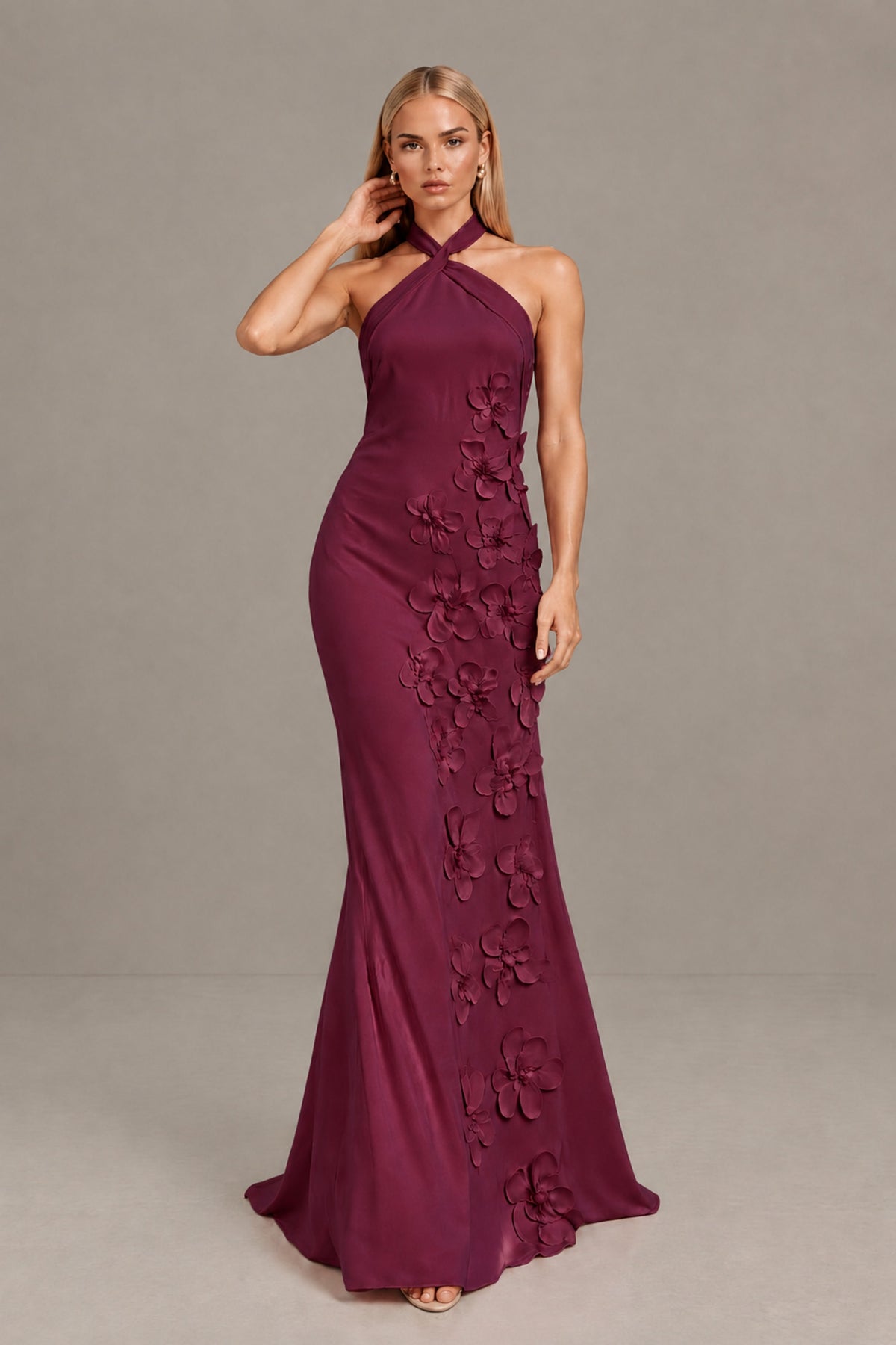 BOLODOO Desert Rose Cross Halter Neck 3D Floral Appliqué Backless Mermaid Maxi Gown - Desert Rose - Desert_Rose_4
