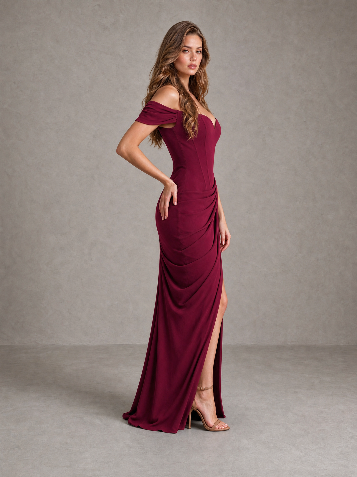 BOLODOO Desert Rose Off-Shoulder Ruched Corset Wedding Guest Dress with Slit - Desert Rose - Desert_Rose_4