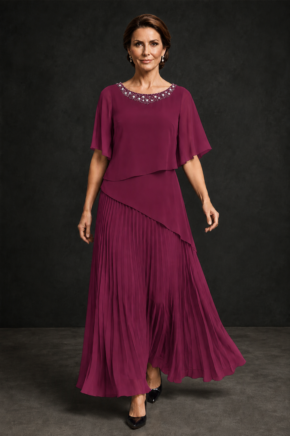 BOLODOO Desert Rose Pearl Beaded Neck Asymmetric Tiered Flutter Sleeve Pleated Chiffon Maxi Dress - Desert Rose - Desert_Rose_4