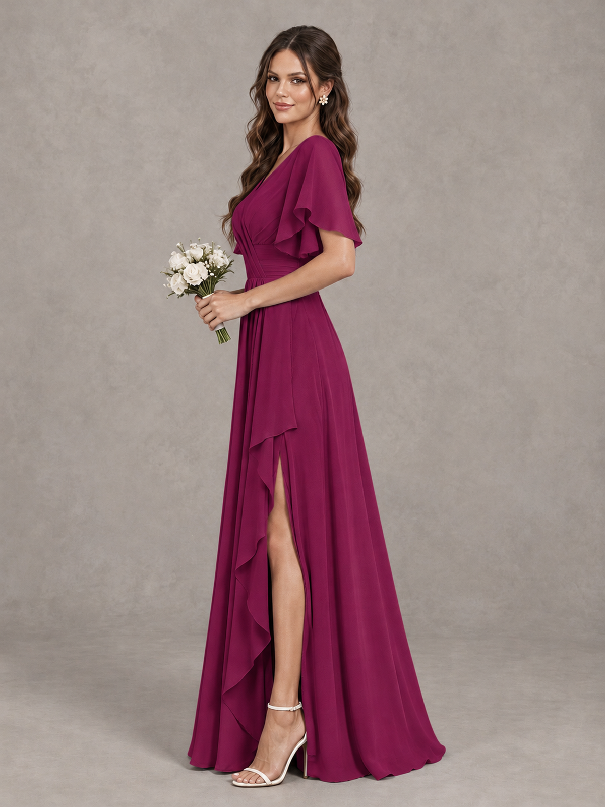 BOLODOO Desert Rose Flutter Sleeve V-Neck Bridesmaid Dress with Ruffle Slit - Desert Rose - Desert Rose_4