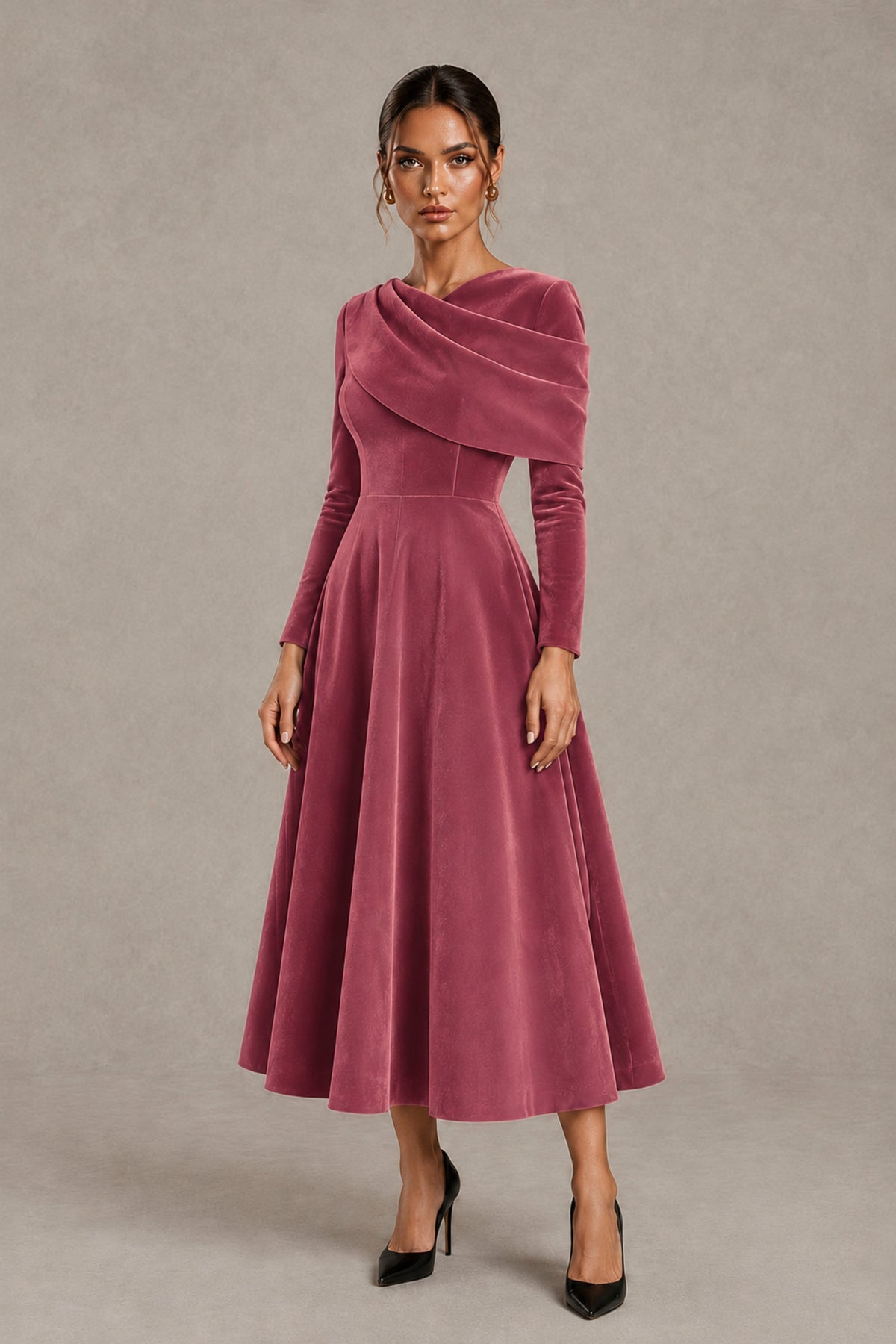 BOLODOO Desert Rose Velvet-Look Long Sleeve Tea-Length A-Line Dress with Draped Neckline - Desert Rose - Desert Rose_4