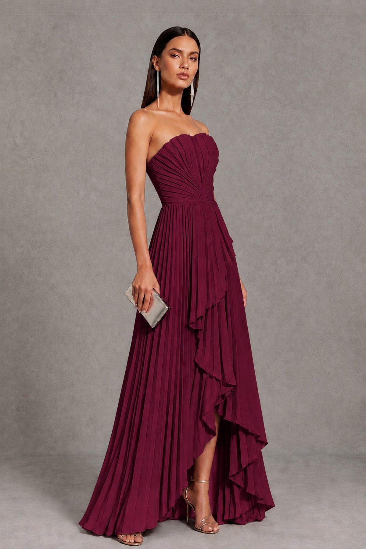 Desert Rose Strapless Pleated High-Low Evening Gown with Ruffle Hem - Desert Rose - Desert_Rose_4