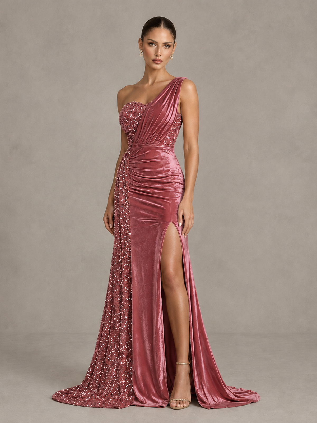 BOLODOO Desert Rose One-Shoulder Satin Sequin Gown with High Slit - Desert Rose - Desert Rose_4