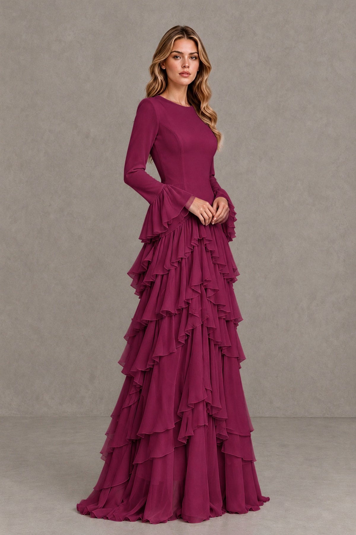 Desert Rose Long Sleeve Tiered Ruffle Evening Gown - Desert Rose - Desert Rose_4