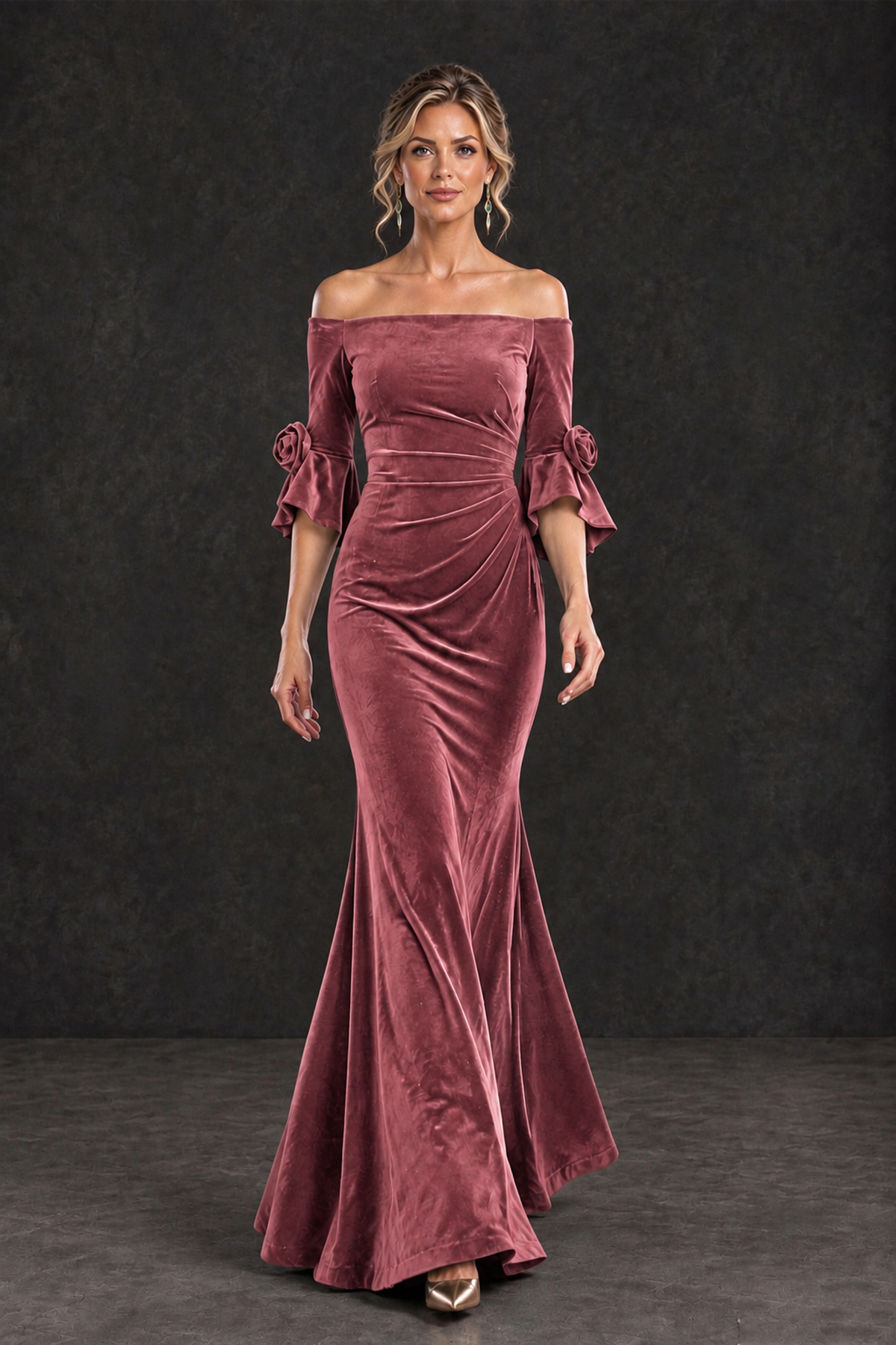 BOLODOO Desert Rose Velvet Off-Shoulder Mother of the Bride Dress – 3/4 Floral Cuff Sleeve Mermaid Evening Gown - Desert Rose - Desert Rose_4
