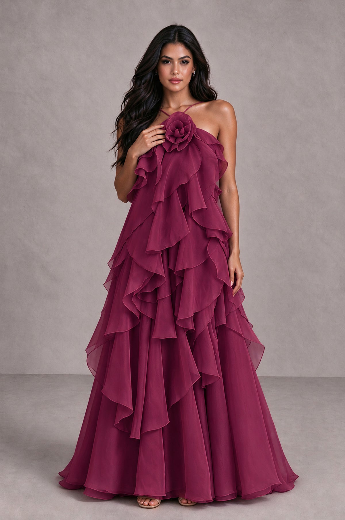 BOLODOO Desert Rose Cascading Ruffle Rosette Open-Back Maxi Dress - Desert Rose - Desert Rose_4