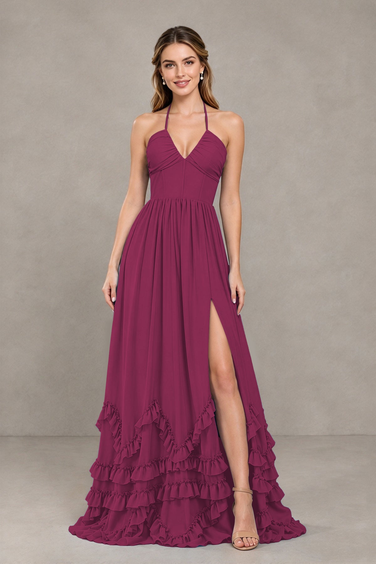 BOLODOO Desert Rose Halter Ruffle Hem A-Line Bridesmaid Dress with High Slit - Desert Rose - Desert Rose(4)