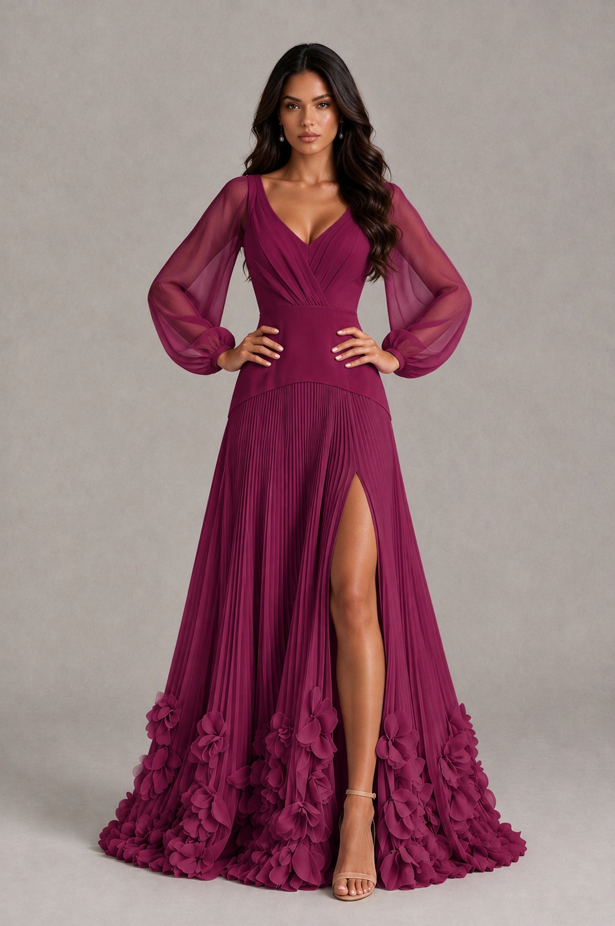BOLODOO Desert Rose V-Neck Long Sleeve Pleated Floral Hem Evening Dress - Desert Rose - Desert Rose_4