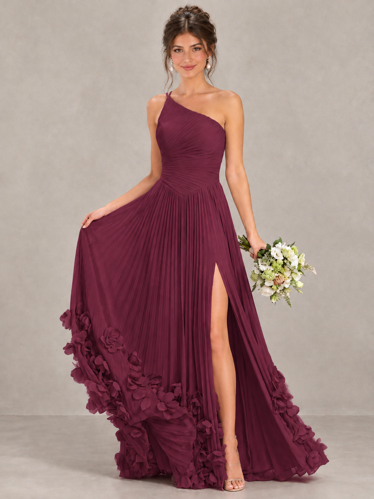 BOLODOO Desert Rose One-Shoulder Pleated Bridesmaid Dress with 3D Floral Hem - Desert Rose - Desert Rose_4