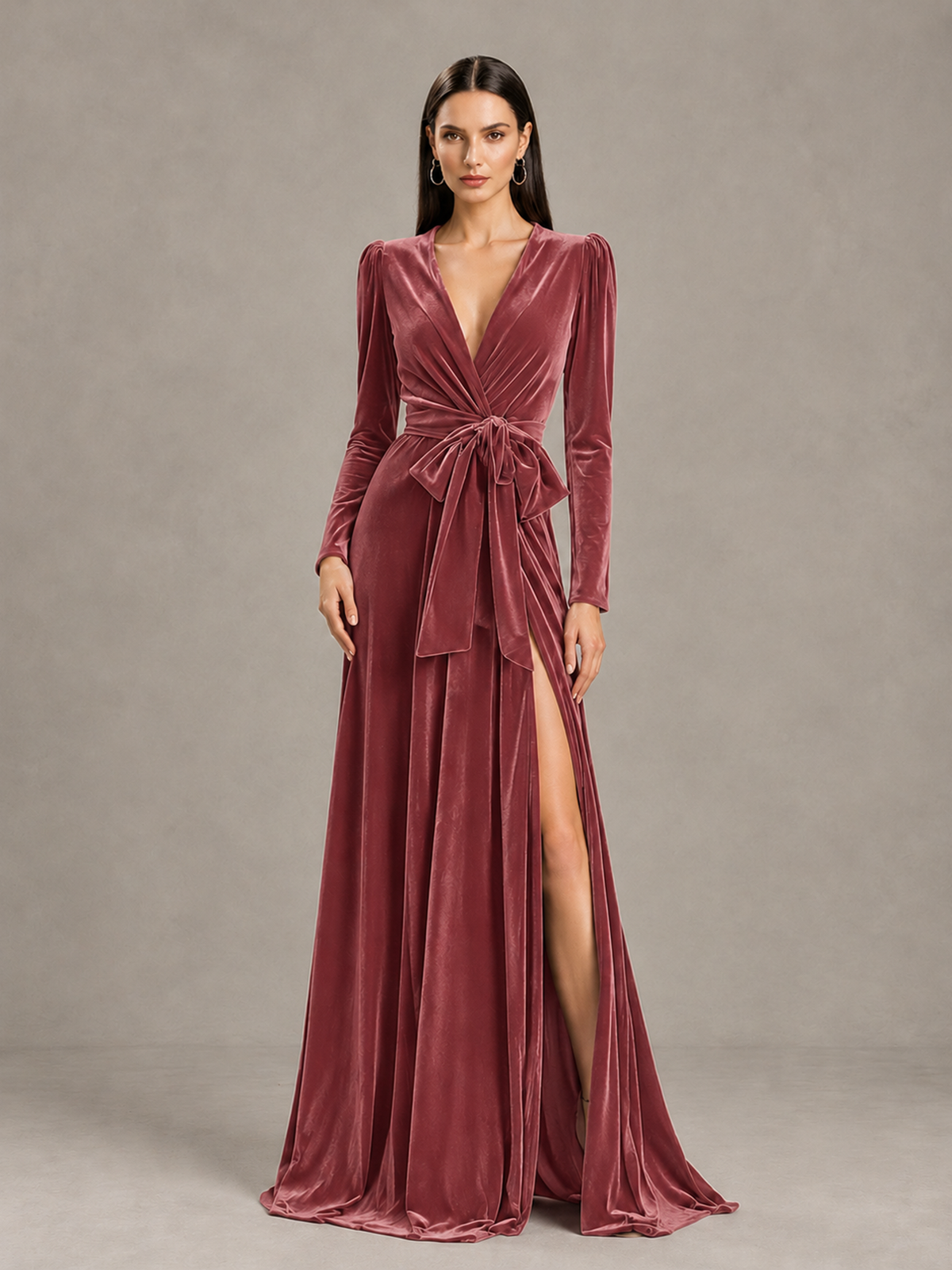 BOLODOO Desert Rose Long Sleeve Velvet-Look Evening Dress with High Slit - Desert Rose - Desert Rose_4