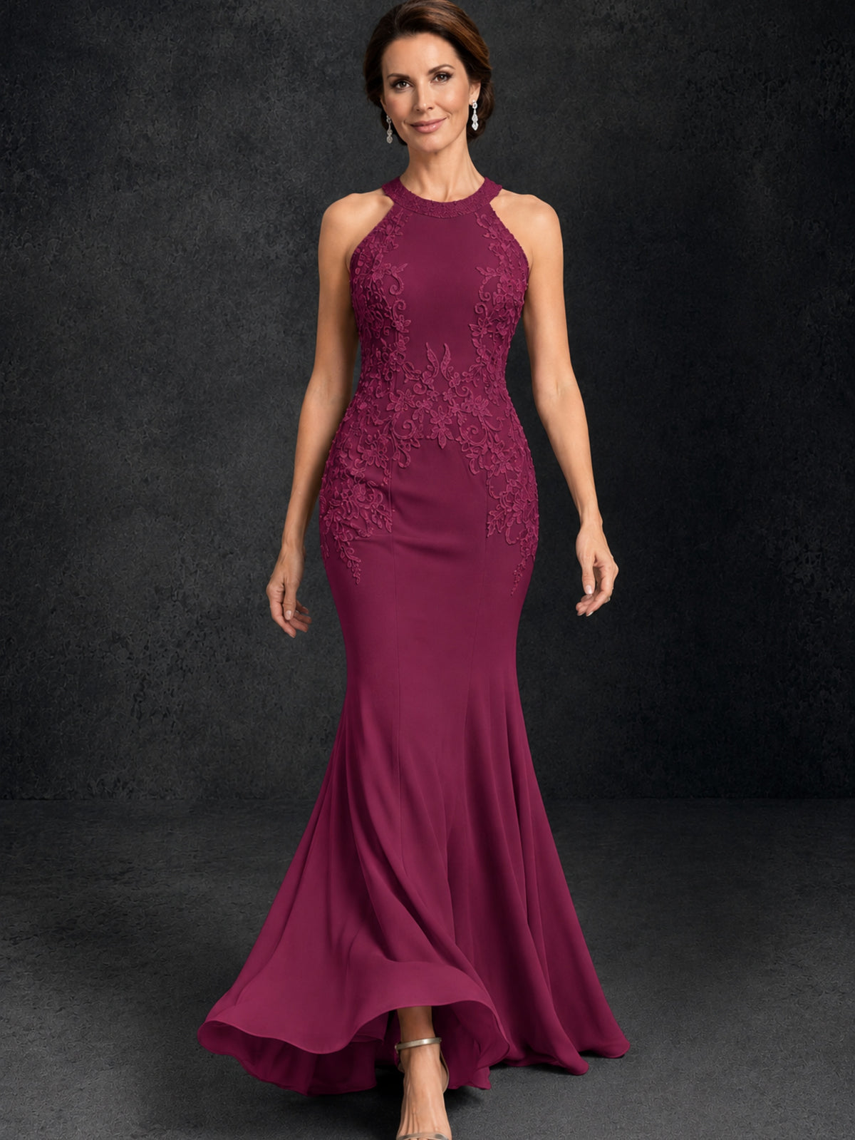 BOLODOO Desert Rose Lace Applique Halter Neck Sheer Back Mermaid Maxi Dress with Sweep Train - Desert Rose
