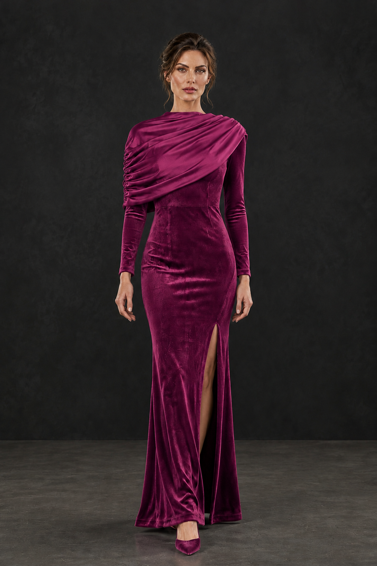 BOLODOO Desert Rose Velvet Long Sleeve Draped Mother of the Bride Dress - Desert Rose - Desert_Rose_4