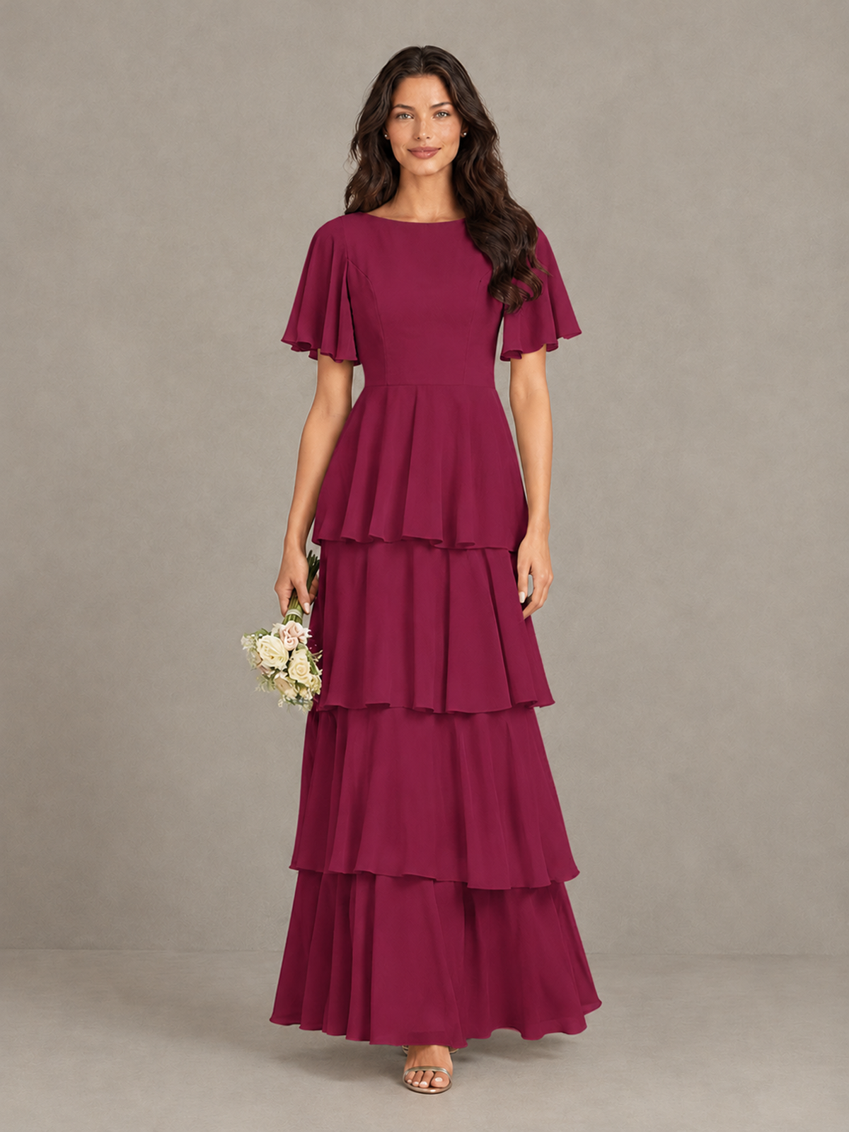 BOLODOO Desert Rose Tiered Flutter Sleeve Bridesmaid Dress - Desert Rose - Desert Rose_4
