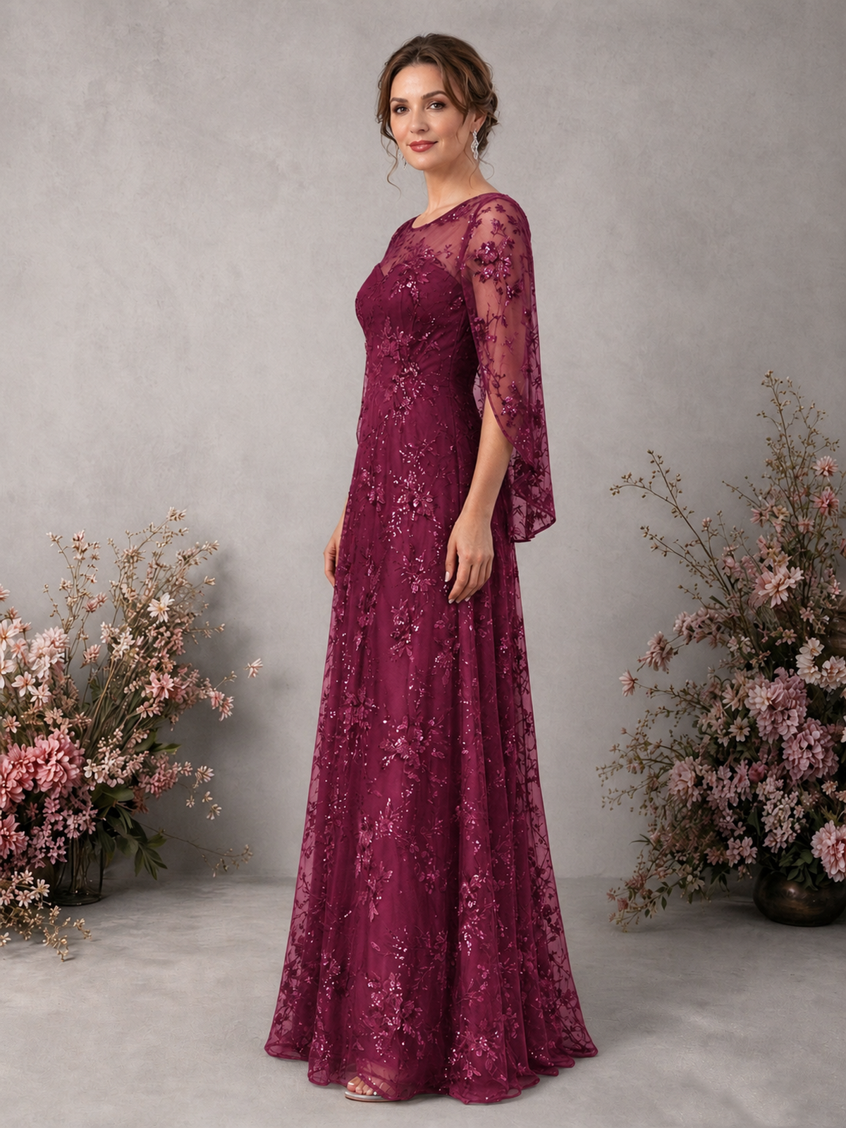 BOLODOO Desert Rose Sequin Lace Cape Sleeve Formal Evening Gown - Desert Rose - Desert Rose_4