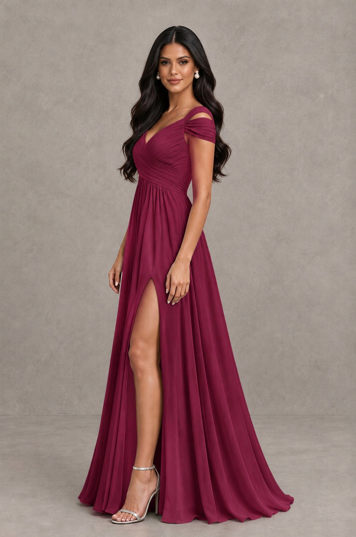 BOLODOO Desert Rose Cold Shoulder Chiffon Evening Dress with V Neck and High Slit - Desert Rose - Desert Rose_4