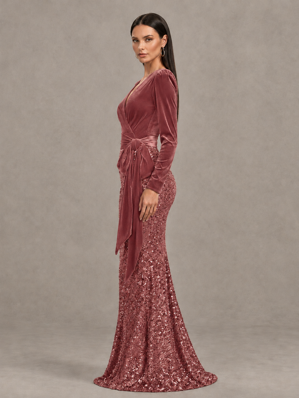 BOLODOO Desert Rose Velvet & Sequin Long Sleeve V-Neck Mermaid Evening Gown - Desert Rose - Desert Rose_4