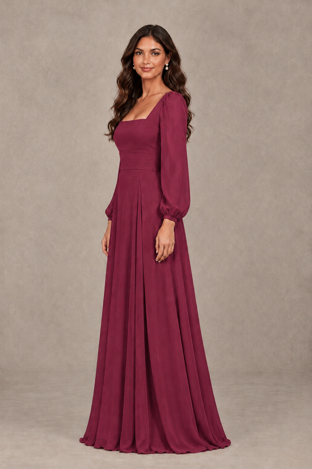 BOLODOO Desert Rose Square Neck Long Sleeve A-Line Bridesmaid Dress - Desert Rose - Desert Rose_4