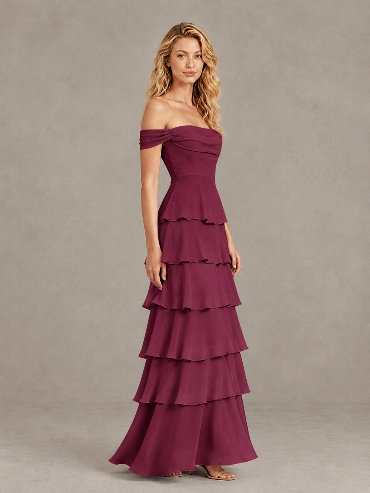 BOLODOO Desert Rose Off-Shoulder Tiered Ruffle Bridesmaid Dress with Lace-Up Back - Desert Rose - Desert Rose_4