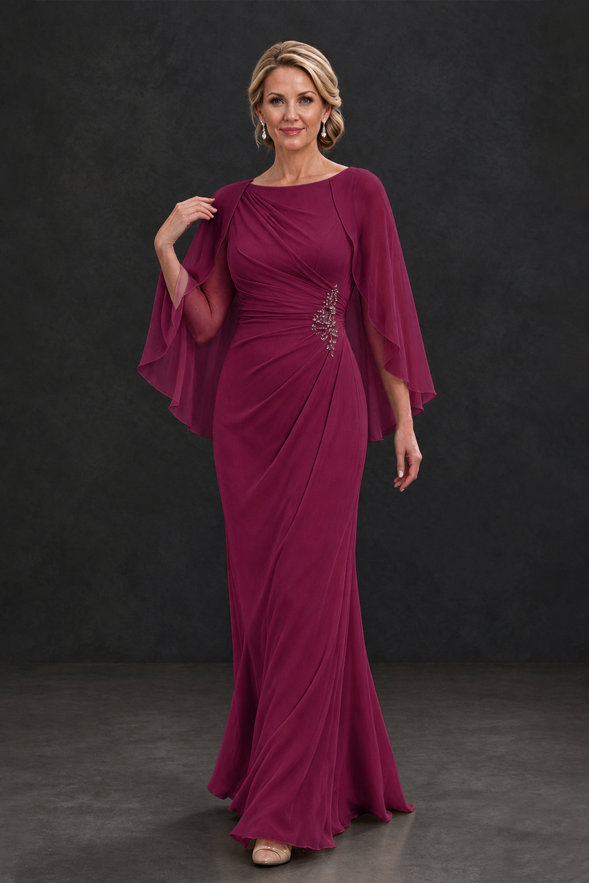 BOLODOO Desert Rose Cape Sleeve Mother of the Bride Dress with Ruched Waist - Desert Rose - Desert Rose_4