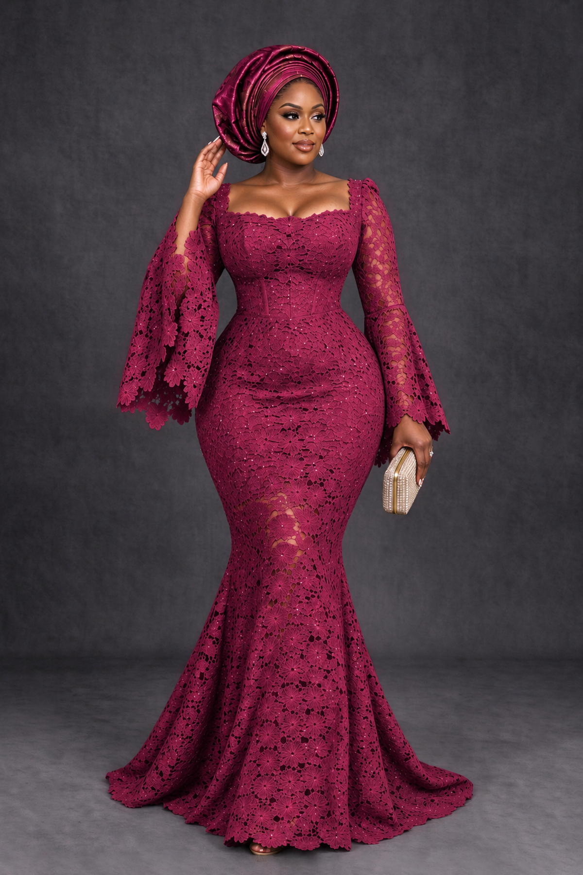 BOLODOO Desert Rose African Lace Mermaid Dress, Plus Size Nigerian Wedding Guest Gown with Bell Sleeves - Desert Rose - Desert Rose_4