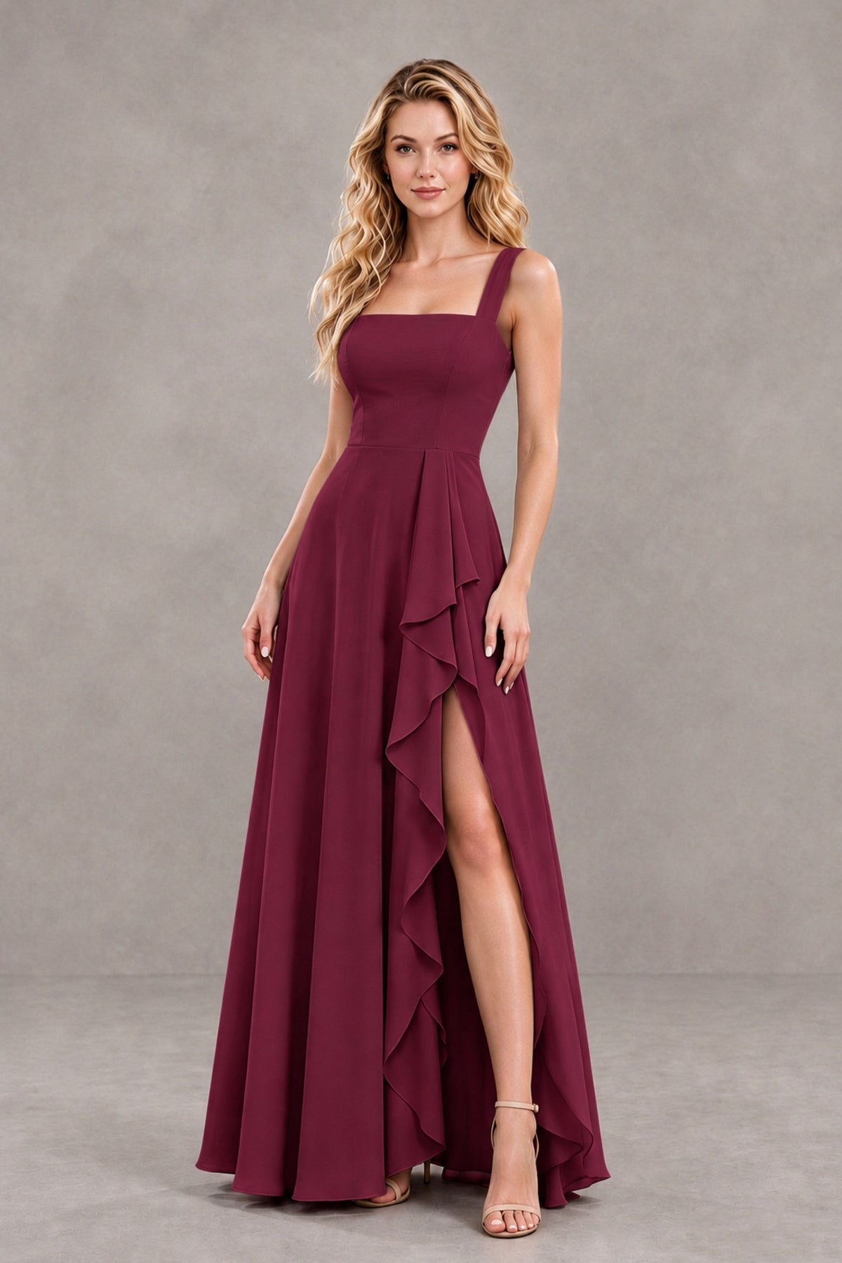 BOLODOO Desert Rose Square Neck Ruffle A-Line Bridesmaid Dress with Slit - Desert Rose - Desert Rose_4