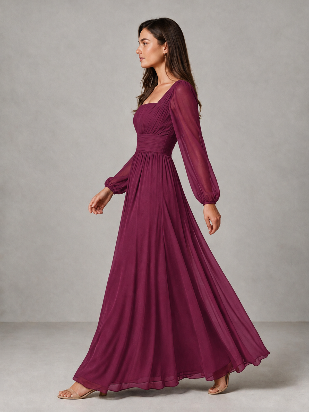 BOLODOO Desert Rose Square Neck Long Sleeve Chiffon Bridesmaid Dress - Desert Rose - Desert Rose_4