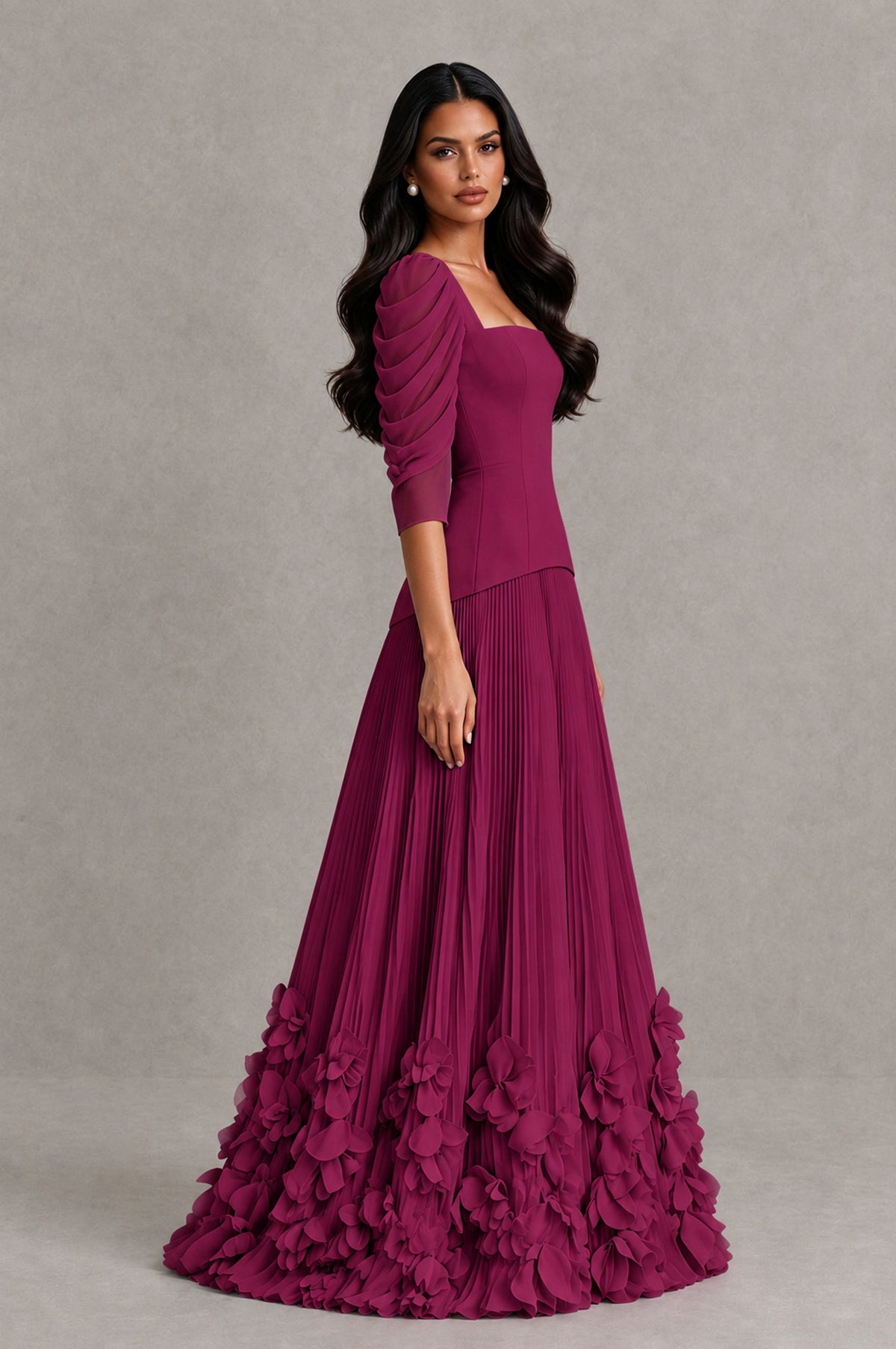 BOLODOO Desert Rose Square Neck Pleated Floral Applique Evening Dress - Desert Rose - Desert Rose_4