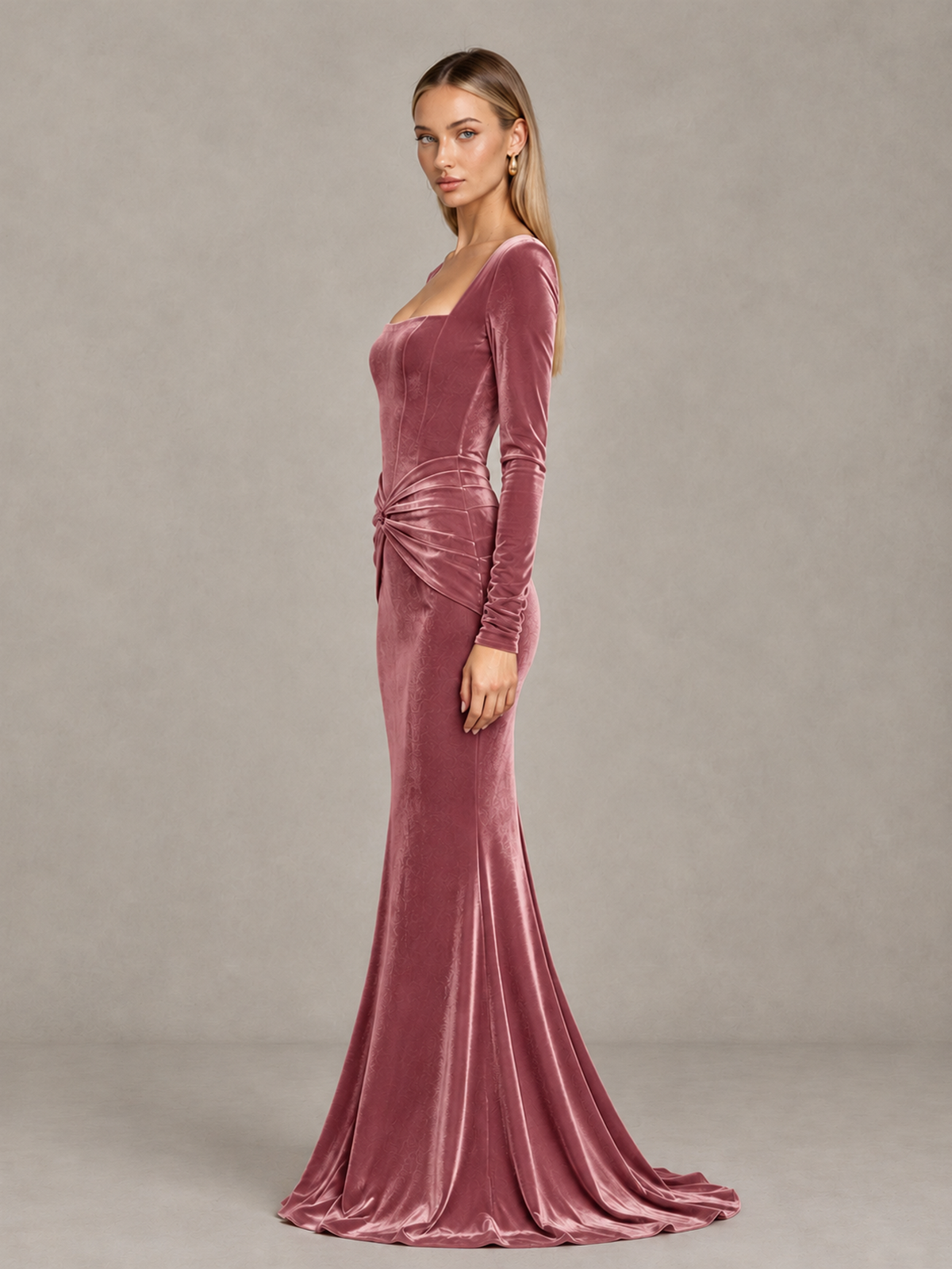BOLODOO Desert Rose Velvet-Look Square Neck Long Sleeve Mermaid Evening Dress - Desert Rose - Desert Rose_4