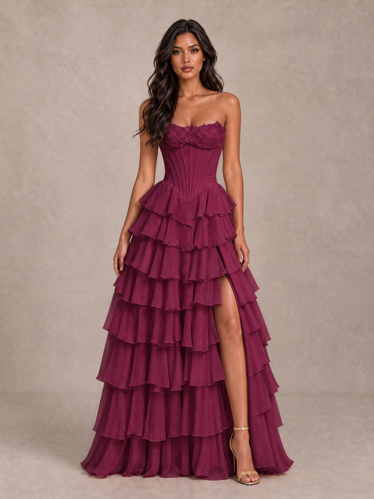 BOLODOO Desert Rose Strapless Corset Tiered Ruffle Prom Dress with High Slit - Desert Rose - Desert Rose_4