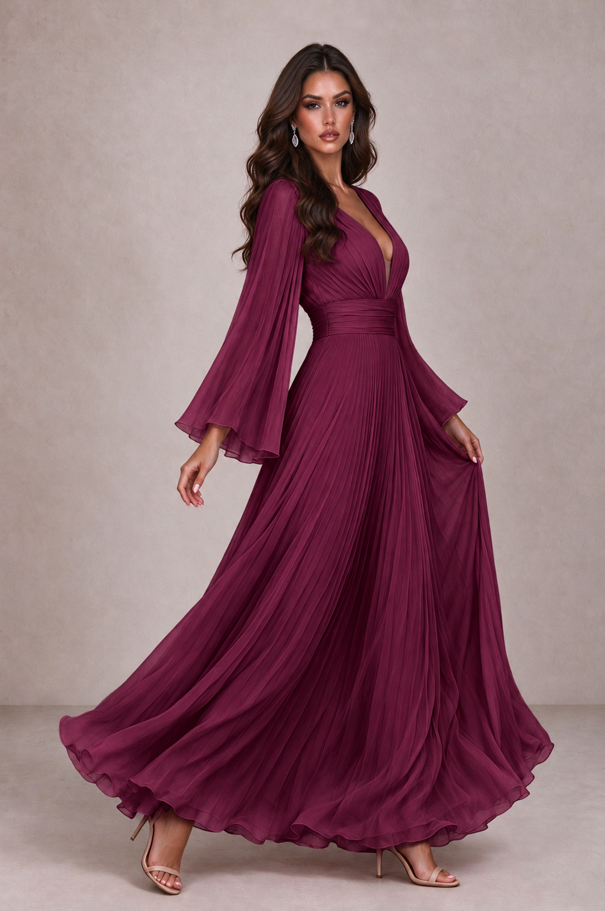 BOLODOO Desert Rose Pleated Deep V-Neck Long Bell Sleeve Evening Dress - Desert Rose - Desert_Rose_4