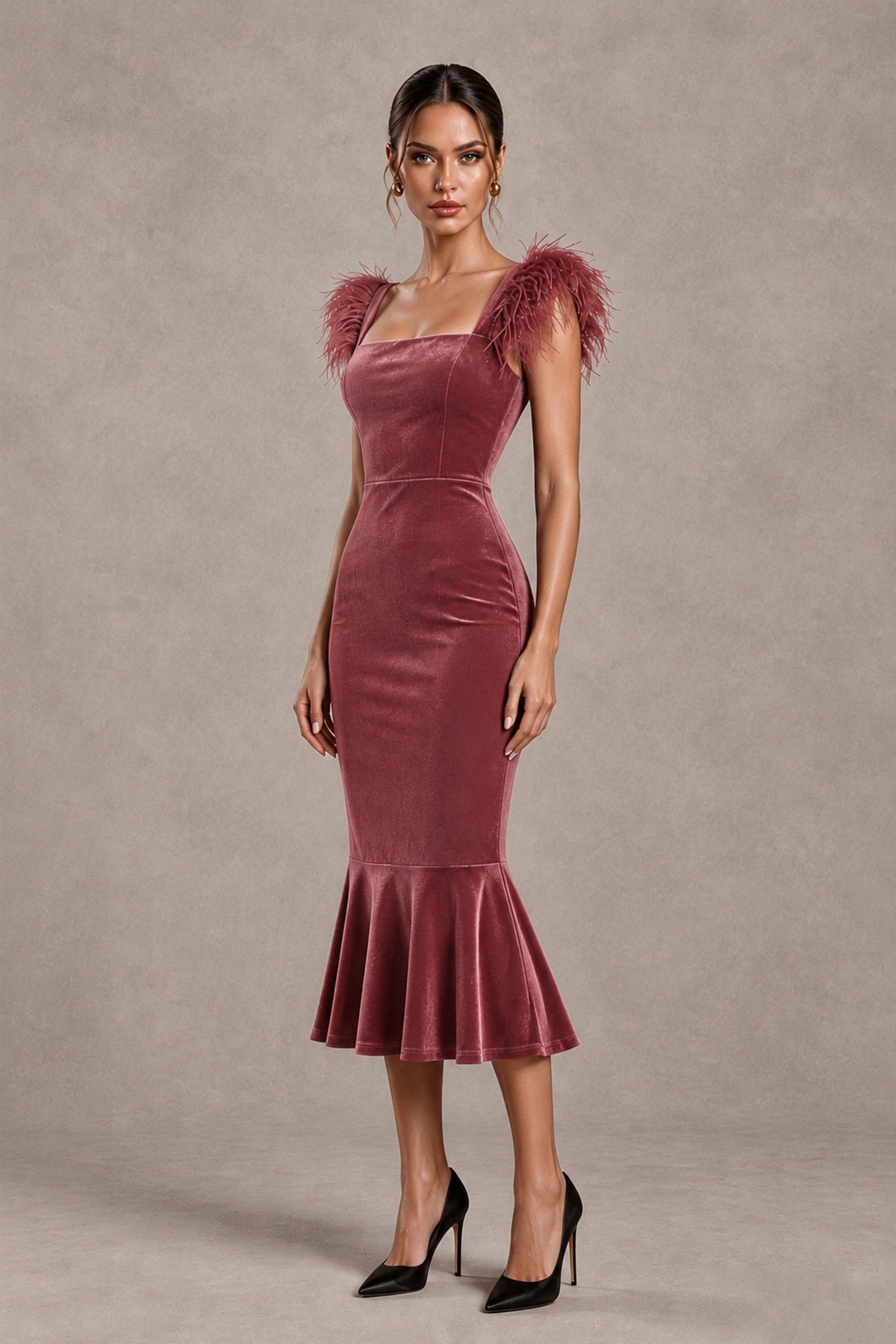 BOLODOO Desert Rose Feather-Trim Velvet-Look Mermaid Midi Dress - Desert Rose - Desert Rose_4