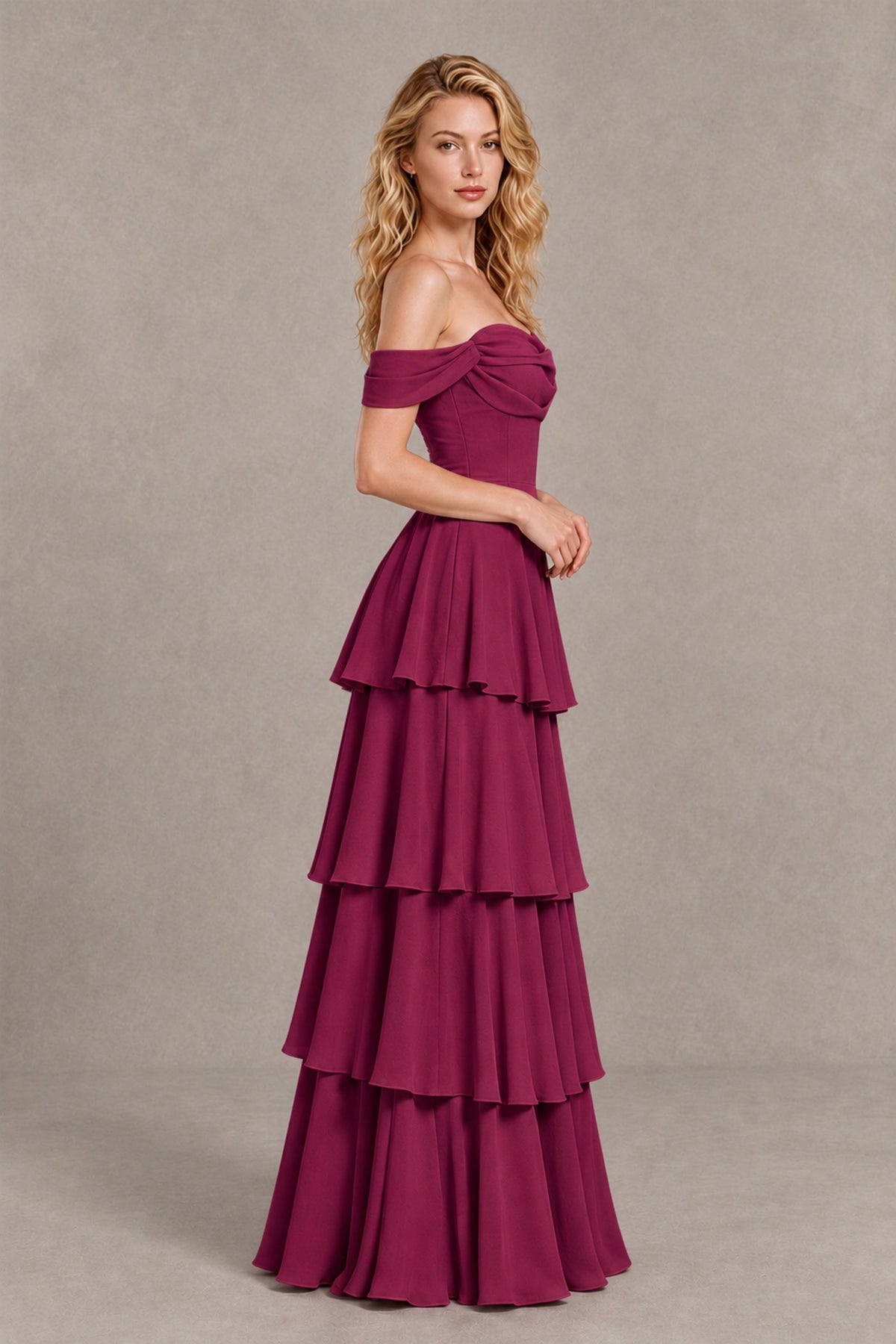 BOLODOO Desert Rose Off-the-Shoulder Tiered A-Line Evening Bridesmaid Dress - Desert Rose - Desert Rose_4