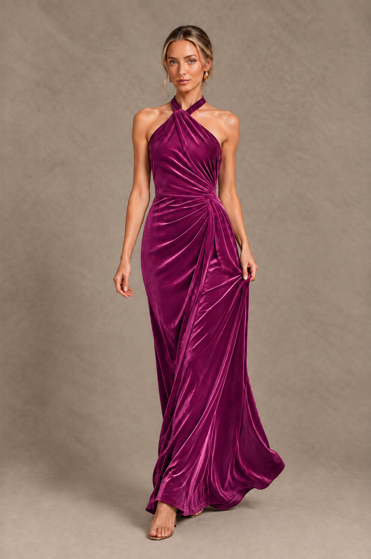 BOLODOO Desert Rose Velvet Halter Open-Back Ruched Evening Dress - Desert Rose - Desert_Rose_4