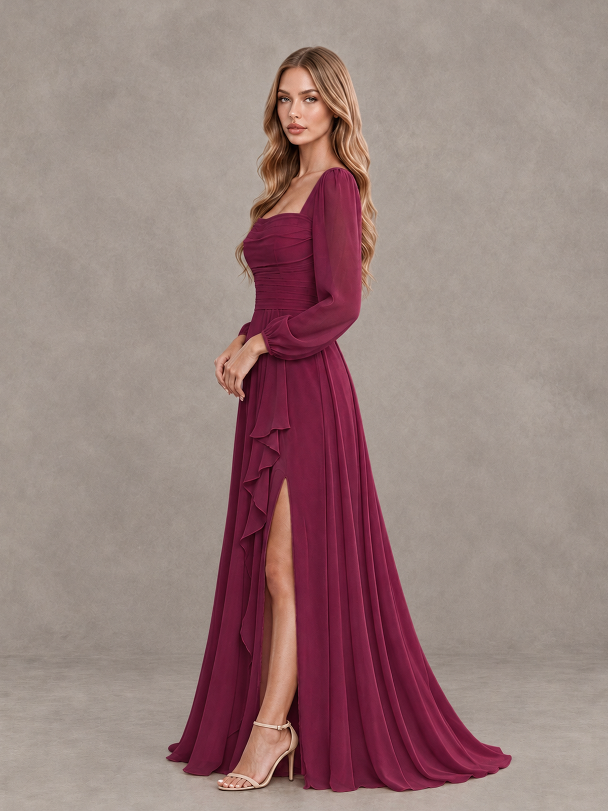 BOLODOO Desert Rose Square Neck Long Sleeve Bridesmaid Dress with Ruffle Slit - Desert Rose - Desert Rose_4