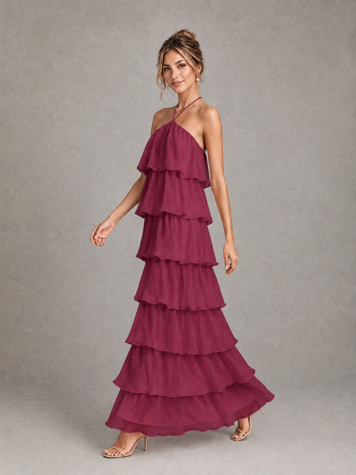 BOLODOO Desert Rose Halter Tiered Ruffle Maxi Bridesmaid Dress - Desert Rose - Desert Rose_4