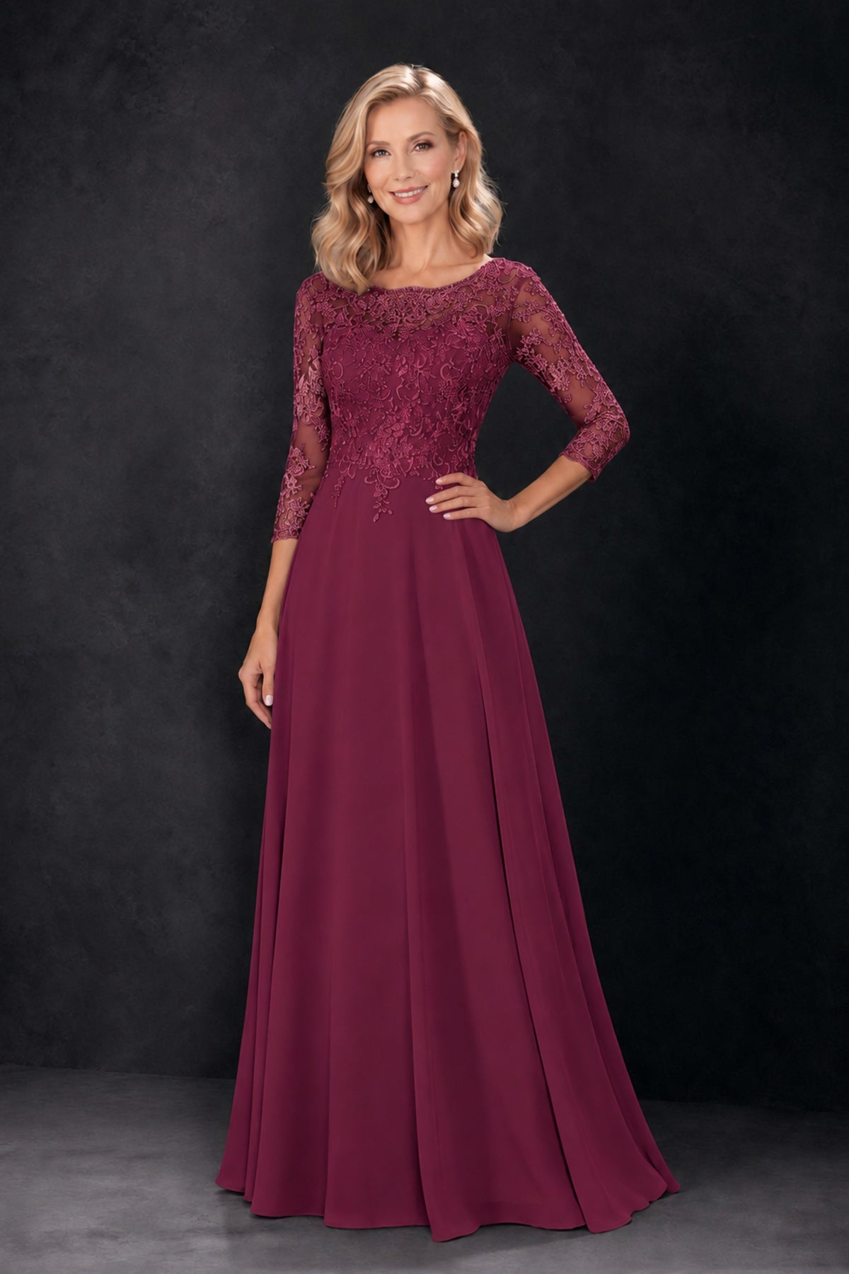 BOLODOO Desert Rose Lace Embroidered Mother of the Bride Dress with 3/4 Sleeves - Desert Rose