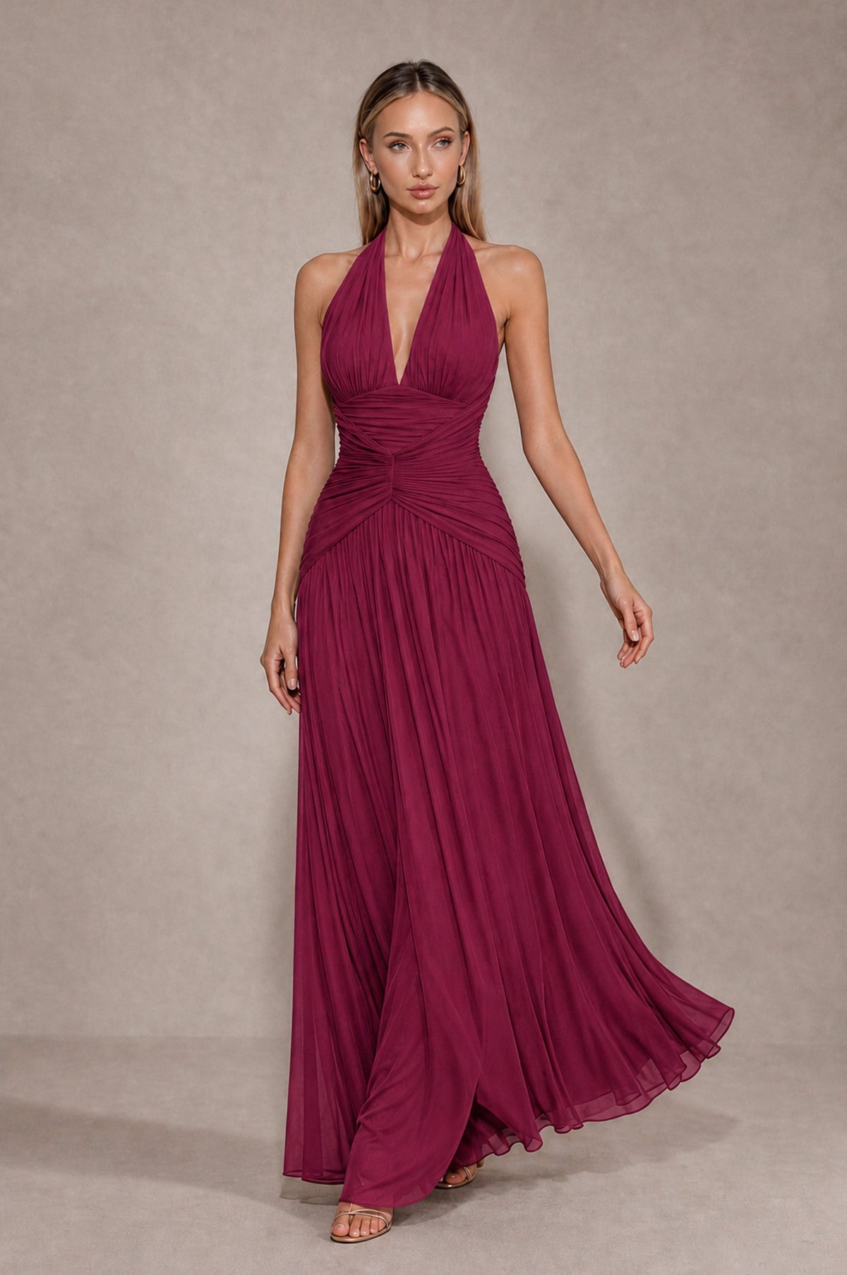 BOLODOO Desert Rose Chiffon Halter Deep V-Neck Ruched A-Line Backless Maxi Dress with Train-BD0167 - Desert Rose - Desert Rose_4