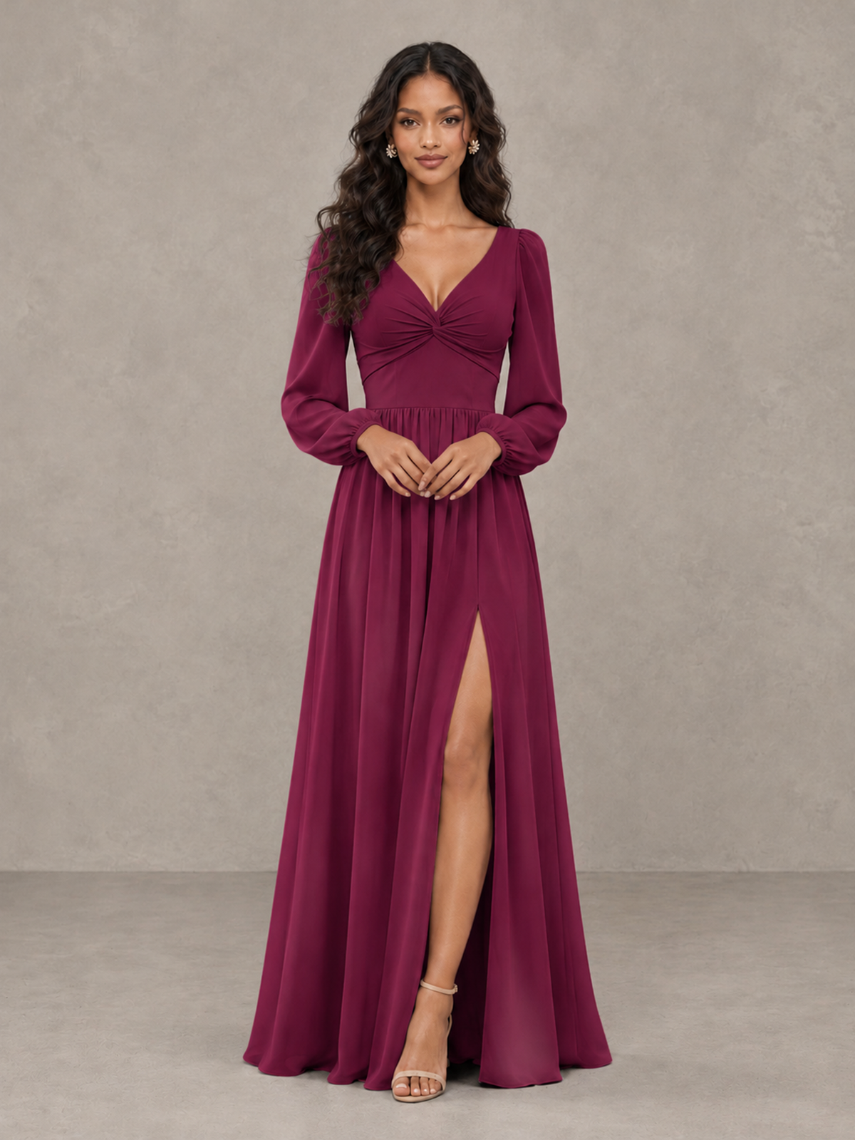 BOLODOO Desert Rose V-Neck Long Sleeve Bridesmaid Dress with Tie Back and Slit - Desert Rose - Desert Rose_5