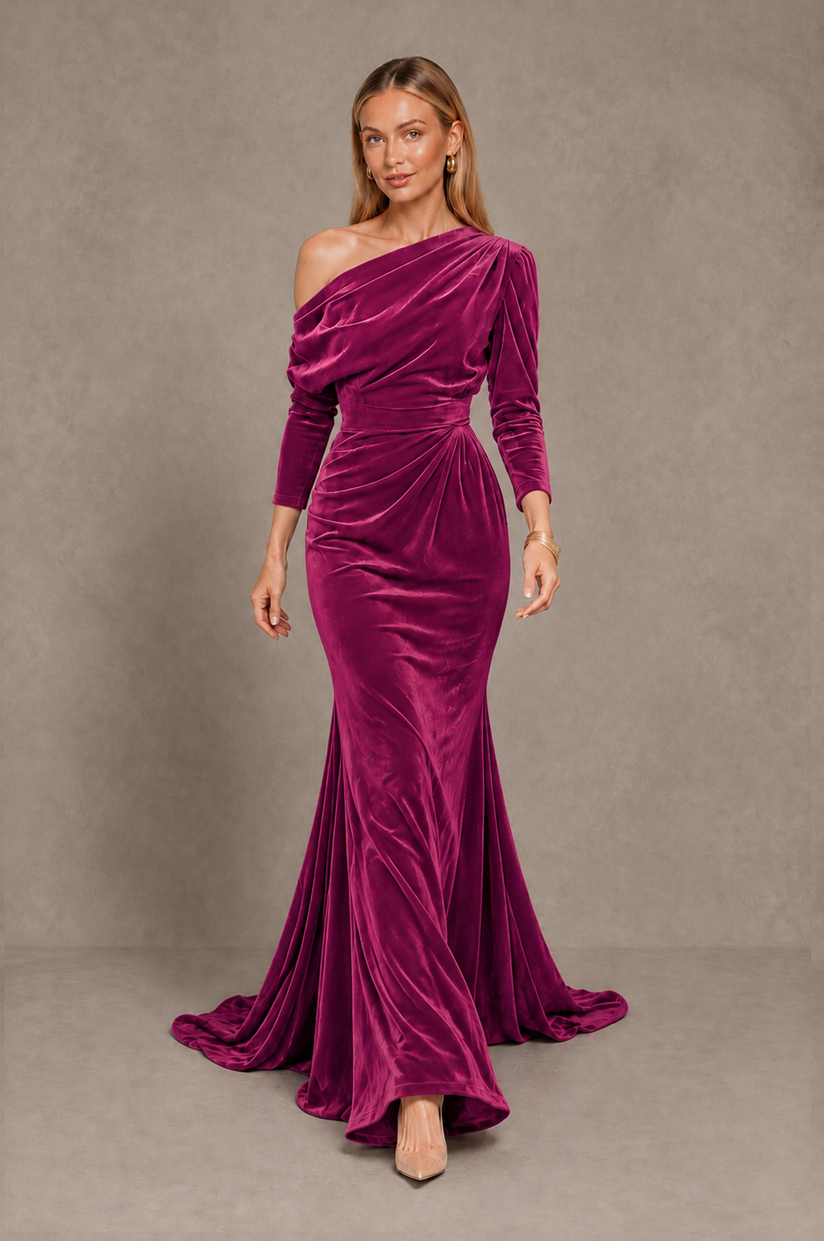 BOLODOO Desert Rose Velvet Asymmetric Neck Mermaid Evening Dress - Desert Rose - Desert_Rose_5