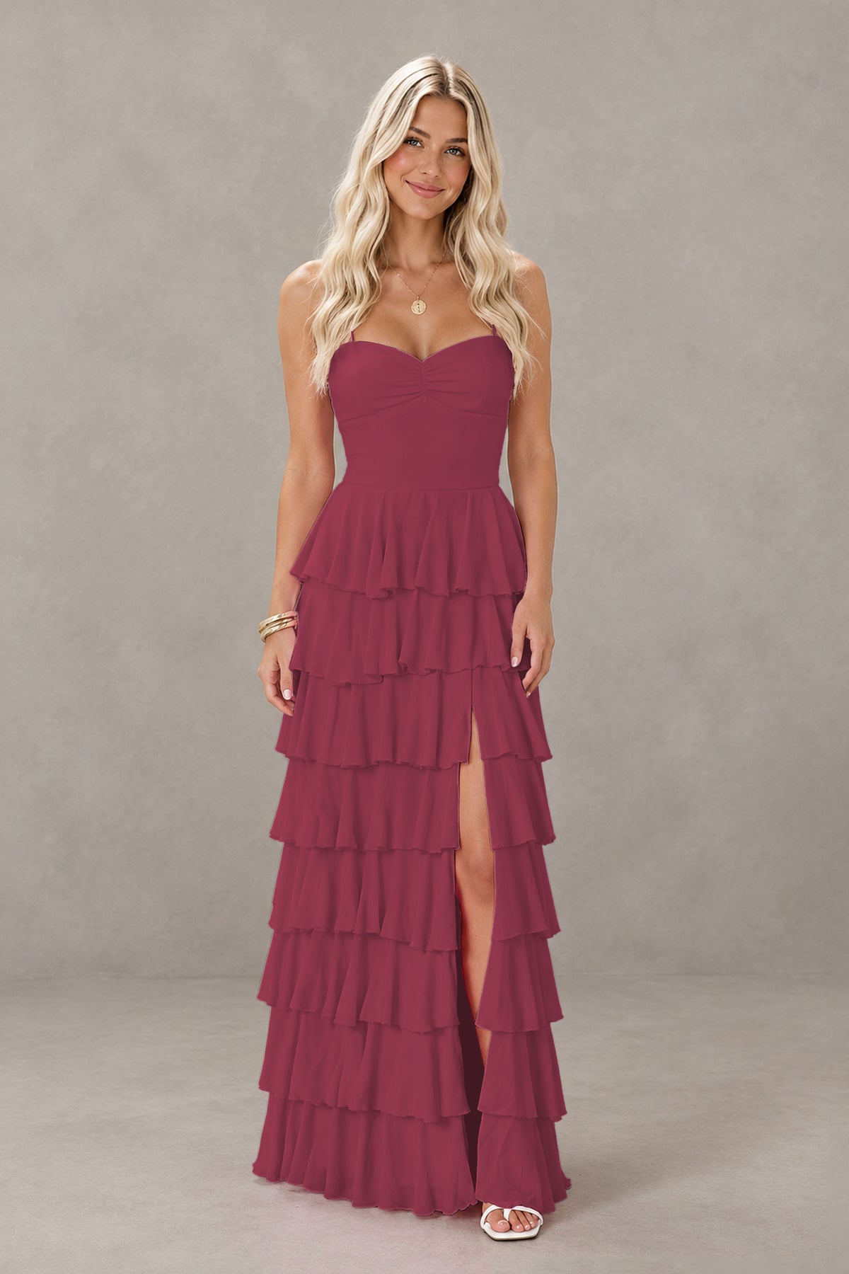 BOLODOO Desert Rose Strapless Tiered Ruffle Maxi Dress with Slit & Lace-Up Back - Desert Rose