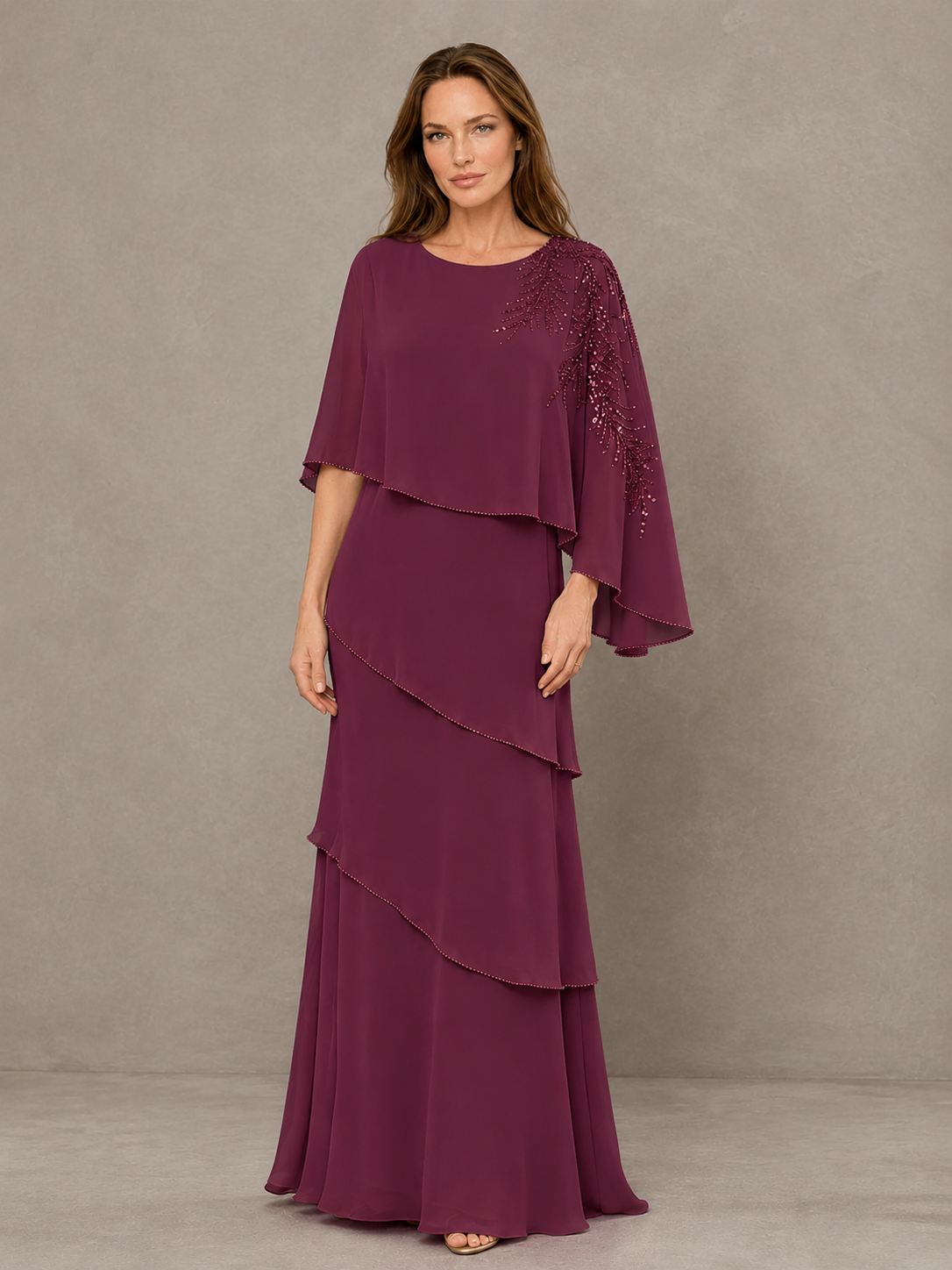 BOLODOO Desert Rose Mocha Asymmetric Cape Sleeve Desert Rose Sequin Embroidered Pearl Trim Tiered Chiffon Gown - Desert Rose