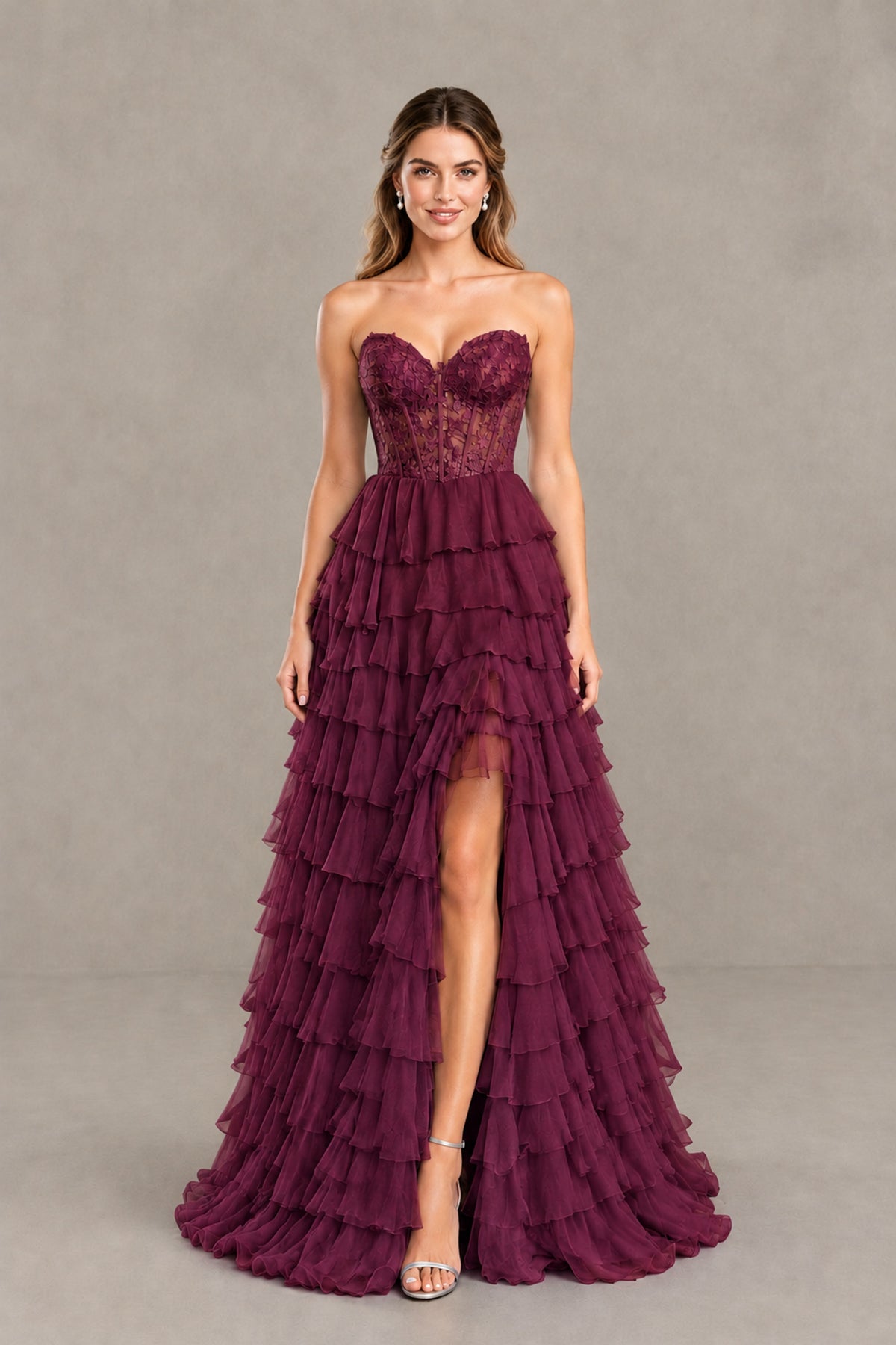 BOLODOO Desert Rose Strapless Lace Corset Tiered Ruffle Prom Dress with Slit - Desert Rose - Desert Rose (1)