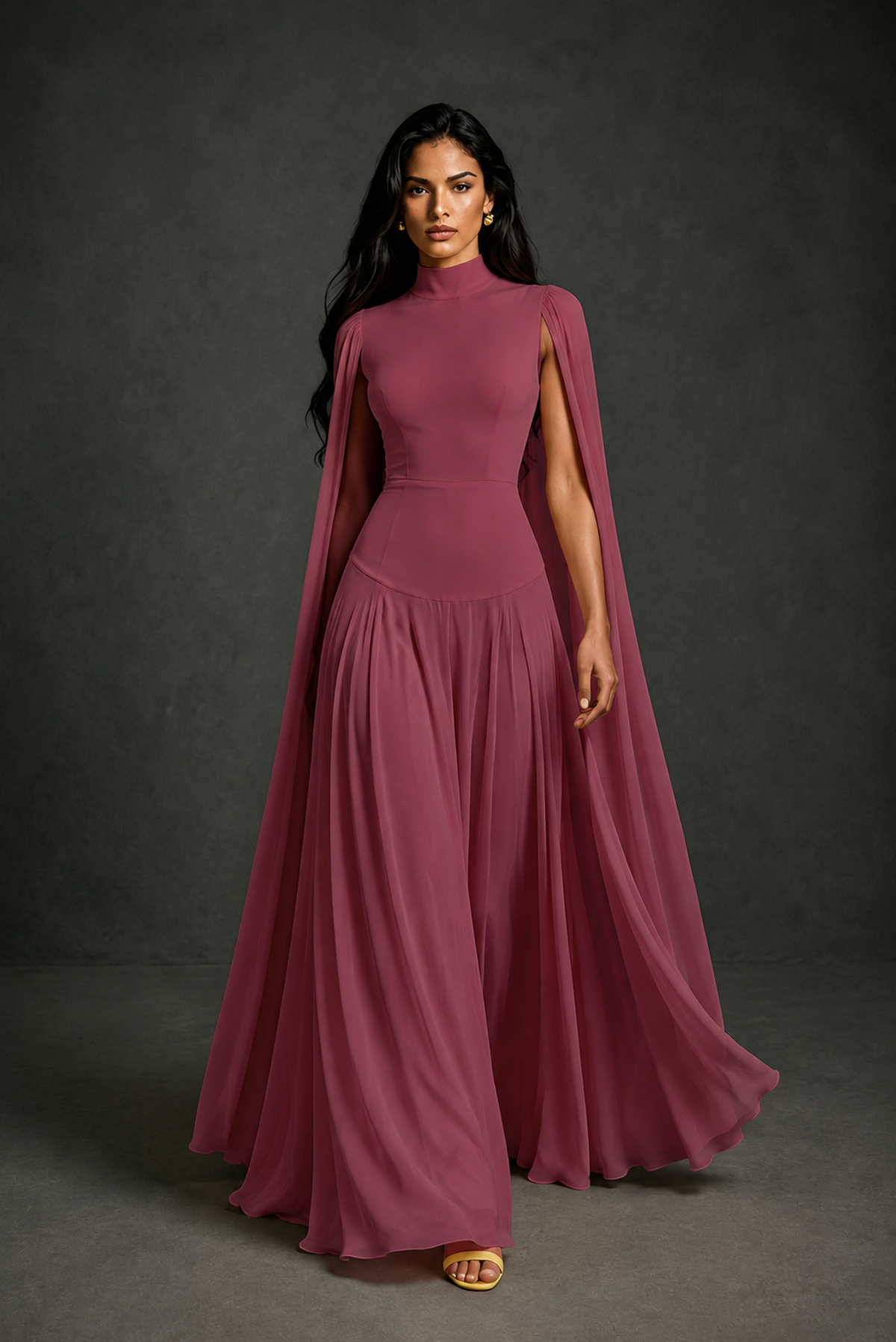 BOLODOO Desert Rose Mock Neck Cape Sleeve A-Line Chiffon Maxi Dress - Desert Rose