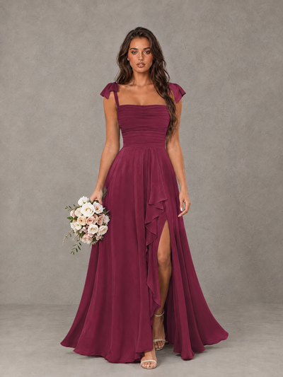 BOLODOO Desert Rose Bow-Strap Bridesmaid Dress with Ruffle Slit - Desert Rose - Desert Rose (1)