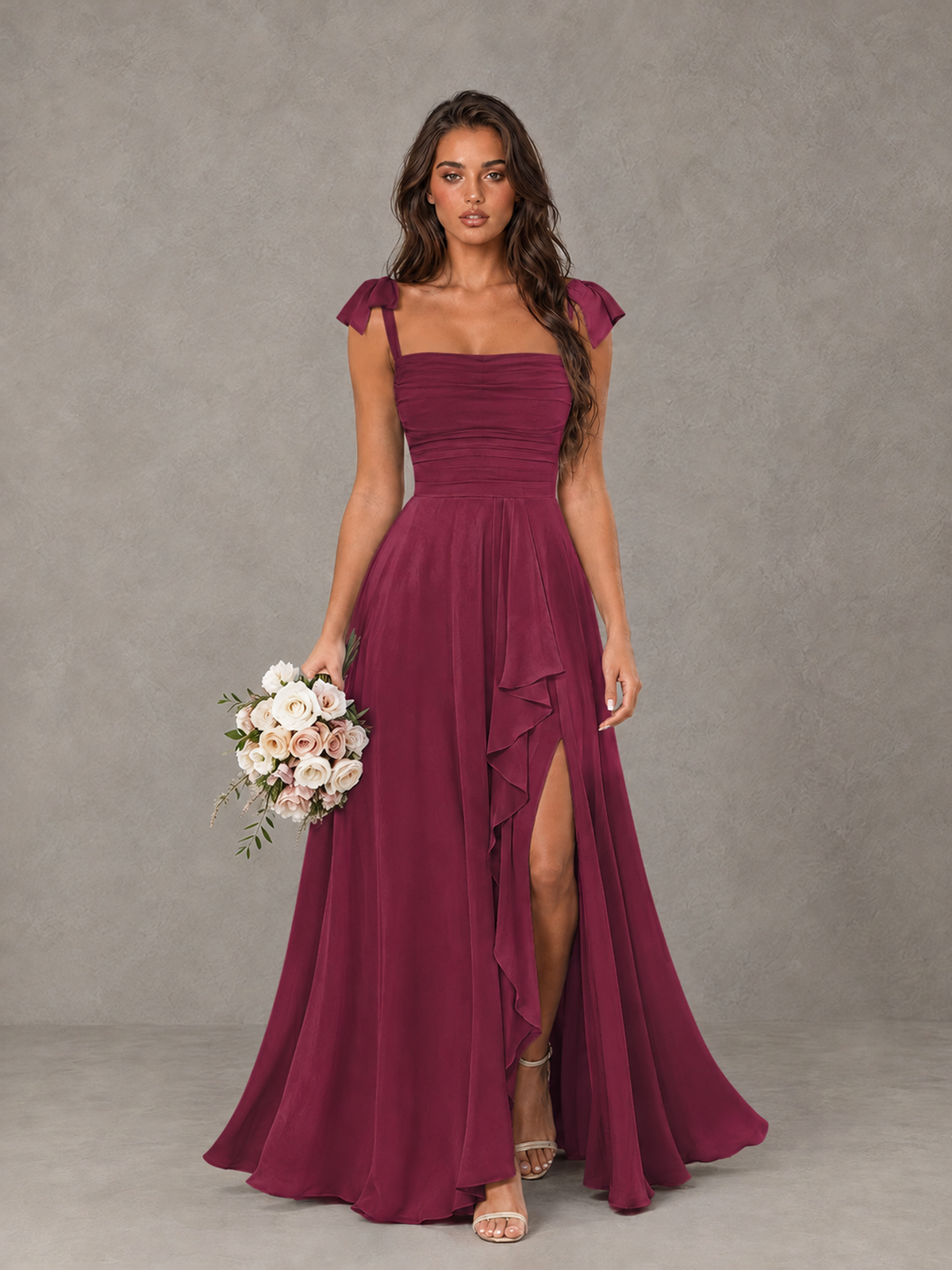 BOLODOO Desert Rose Bow-Strap Bridesmaid Dress with Ruffle Slit - Desert Rose - Desert Rose (1)