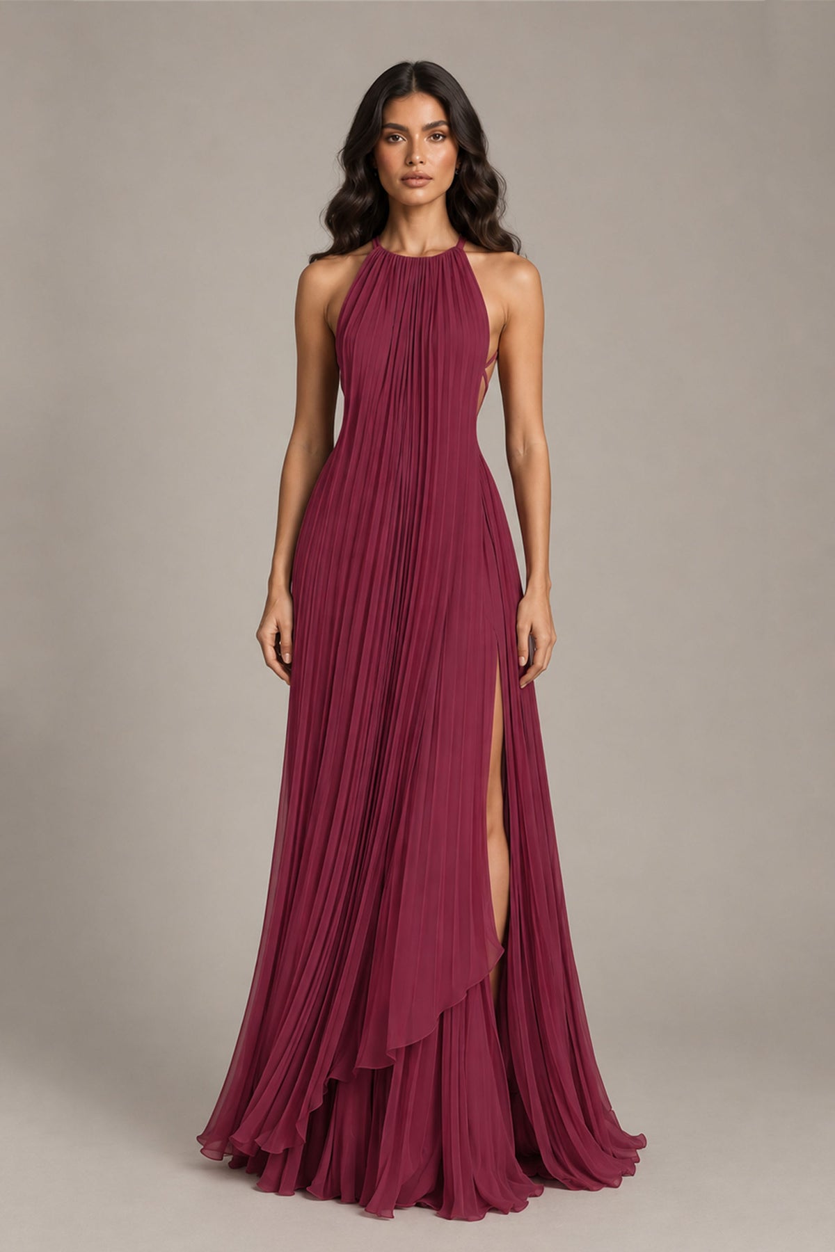 BOLODOO Desert Rose Halter Neck Pleated Chiffon Maxi Dress with Side Slit - Desert Rose