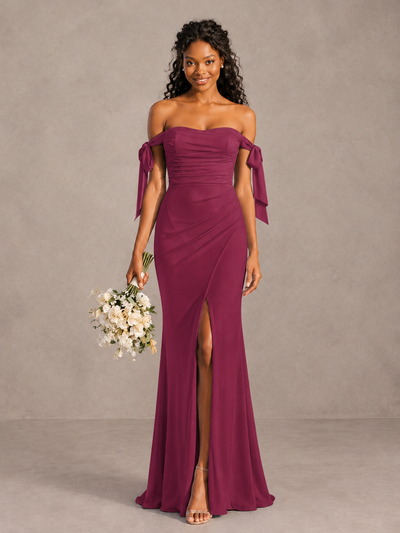 Desert Rose Off-Shoulder Bow Bridesmaid Dress with Slit - Desert Rose - Desert Rose (1)