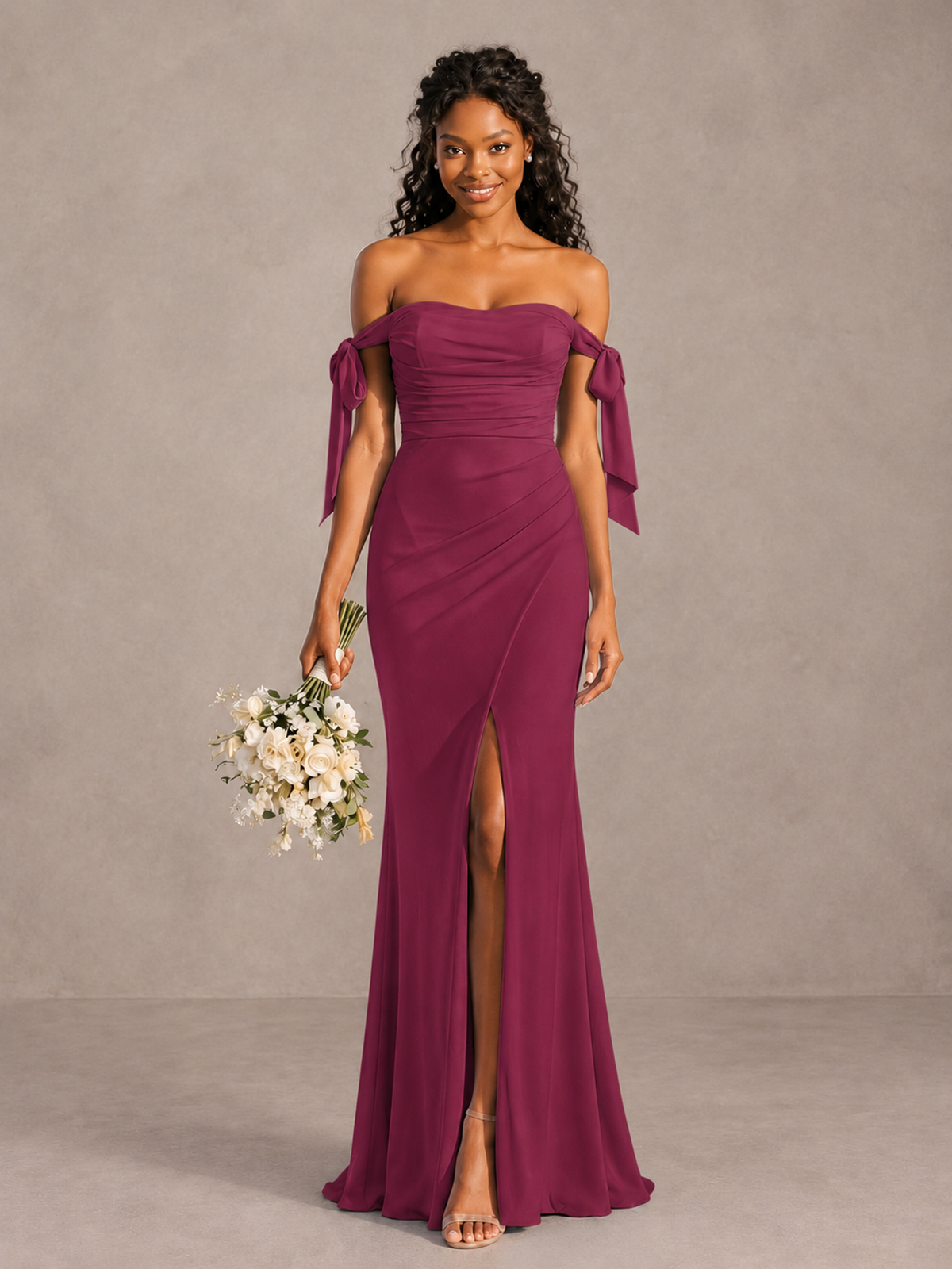 Desert Rose Off-Shoulder Bow Bridesmaid Dress with Slit - Desert Rose - Desert Rose (1)